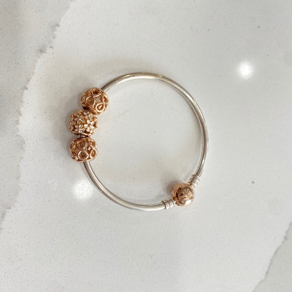 Pandora Bangle with 3 Rose Gold Charms - Picture 1 of 3